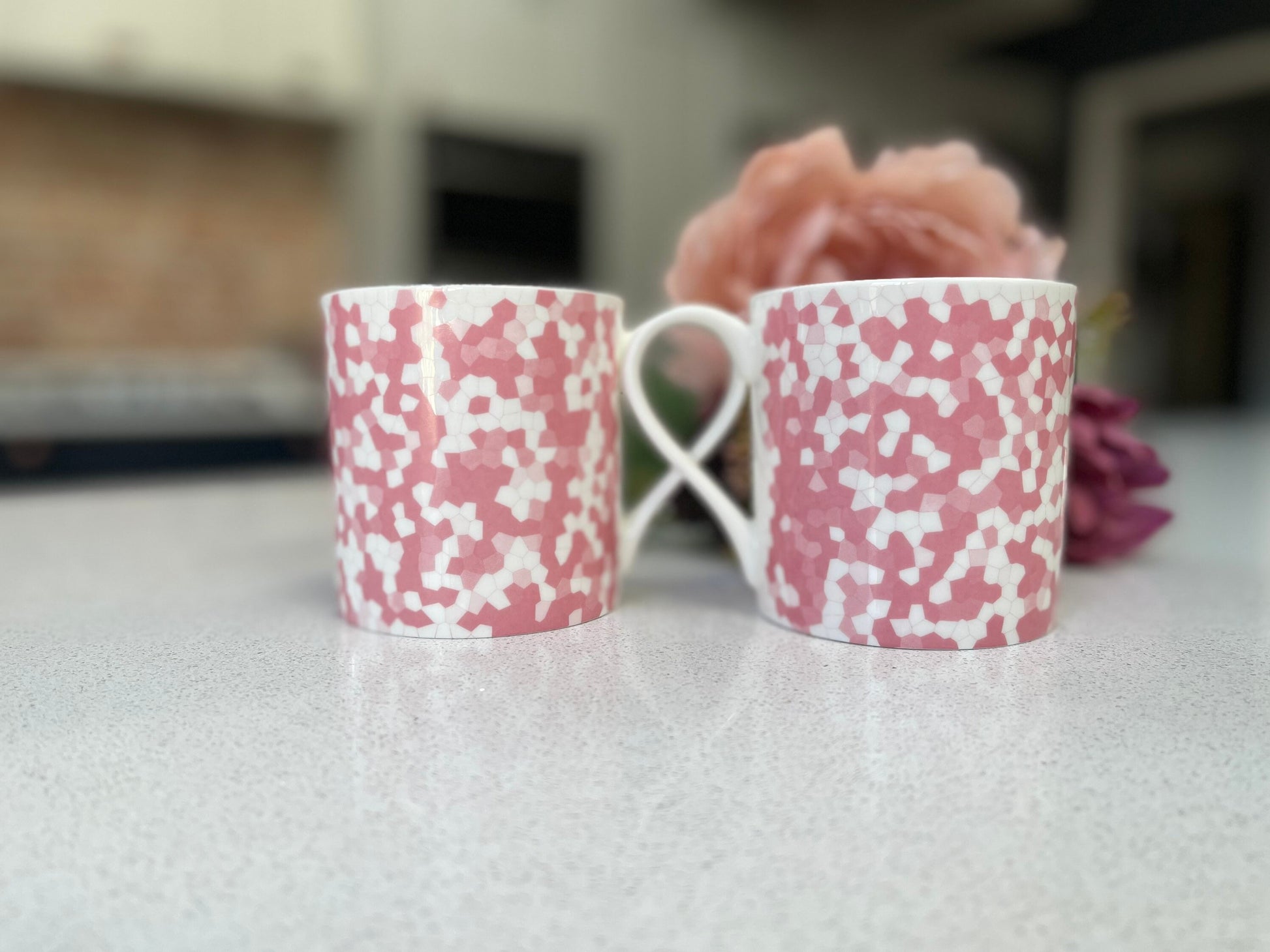 Set of 6 Fine Bone China Geometric Pink mug set