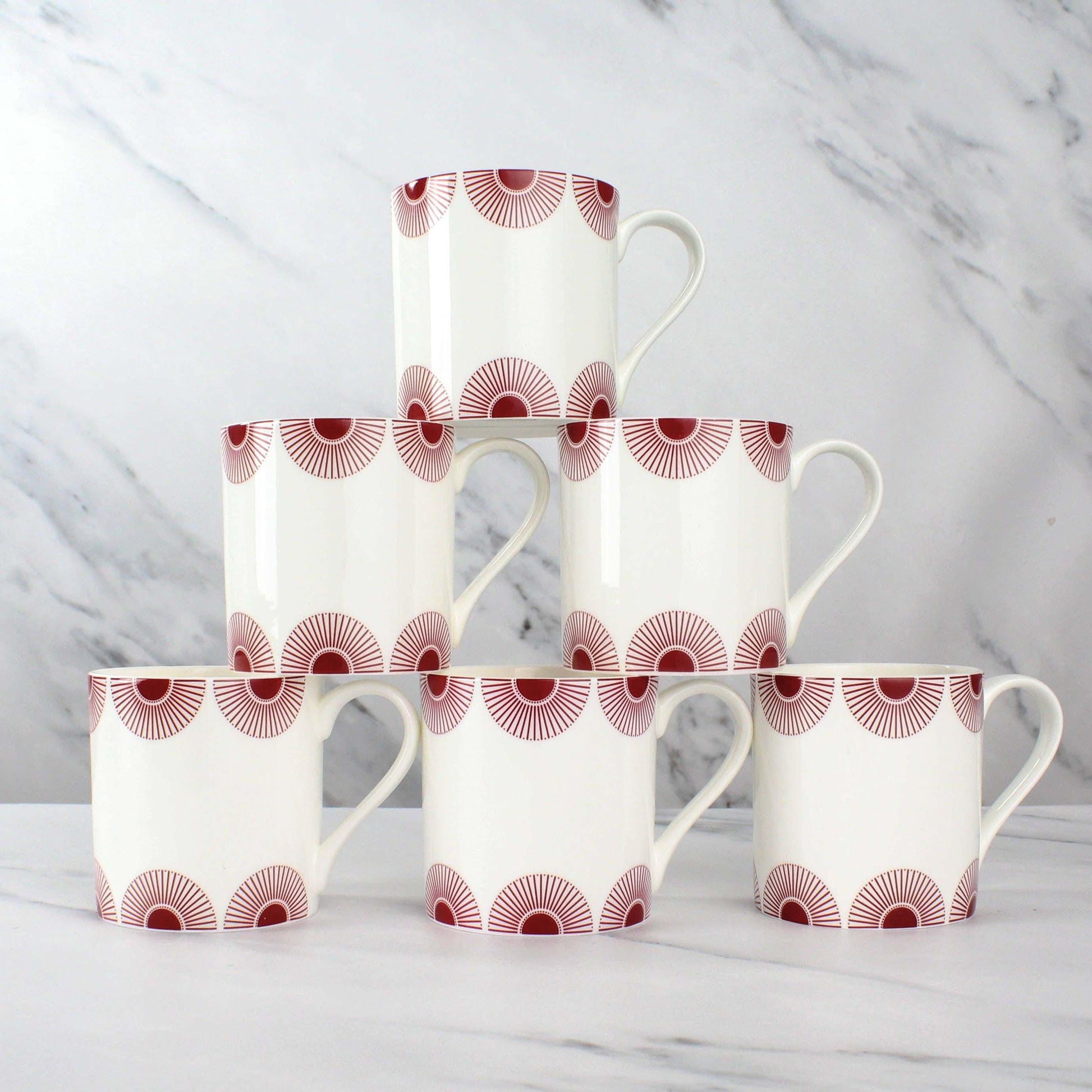 Set of 6 Fine Bone China Fan Mug Wraparound Design in Burgundy