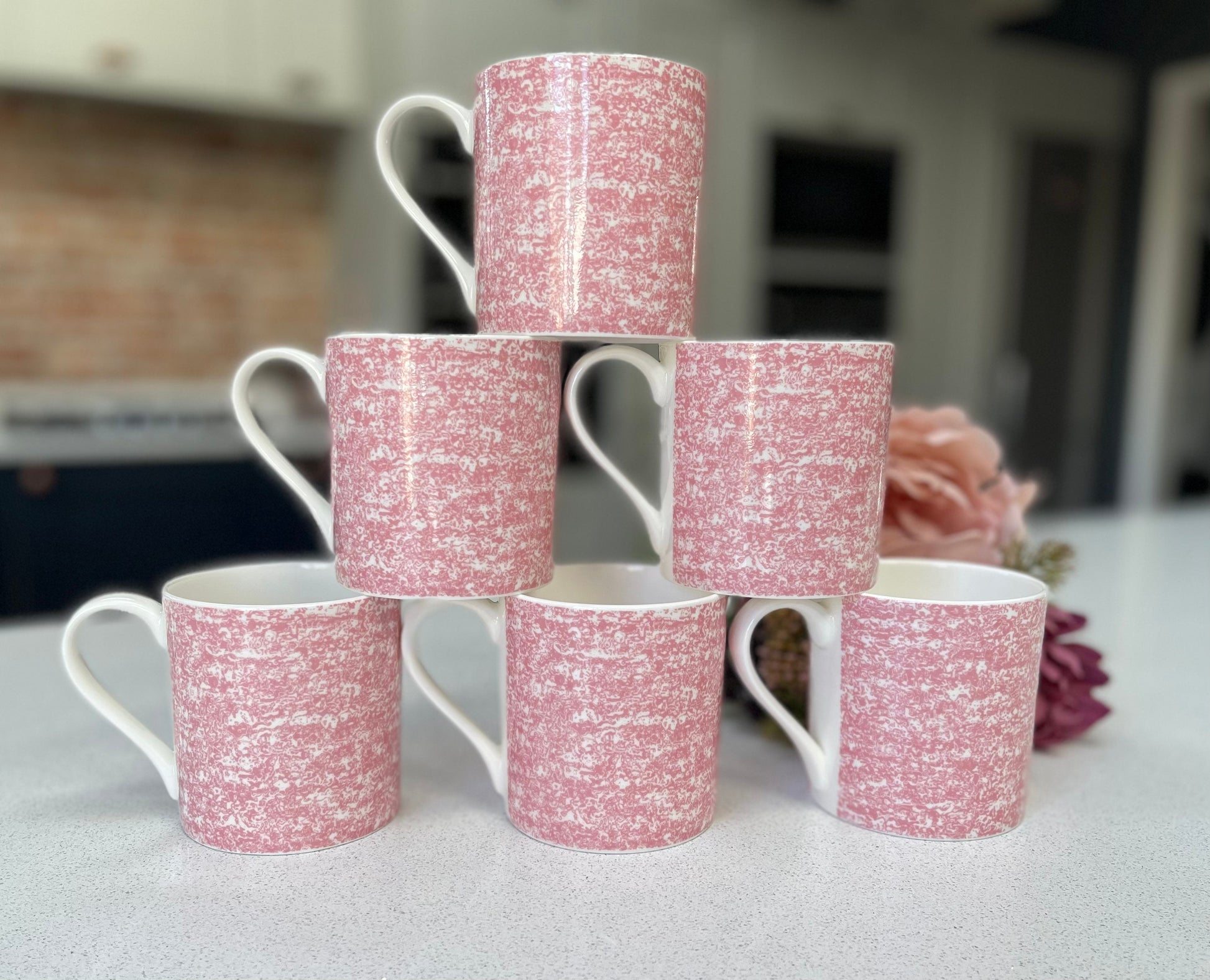 Set of 6 Fine Bone China pink and white mugs