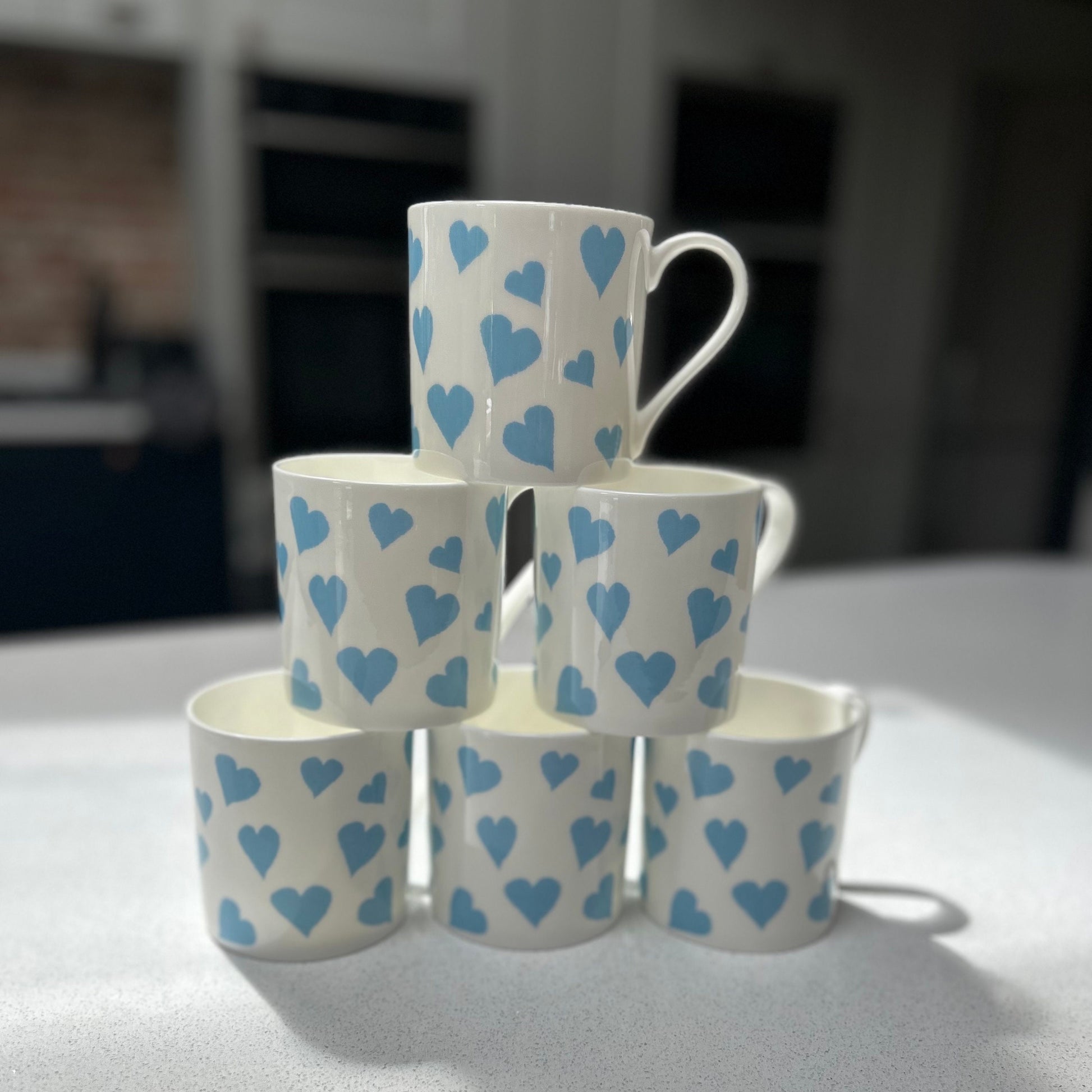 Set of 6 12oz Fine Bone China Blue Heart Mug Set