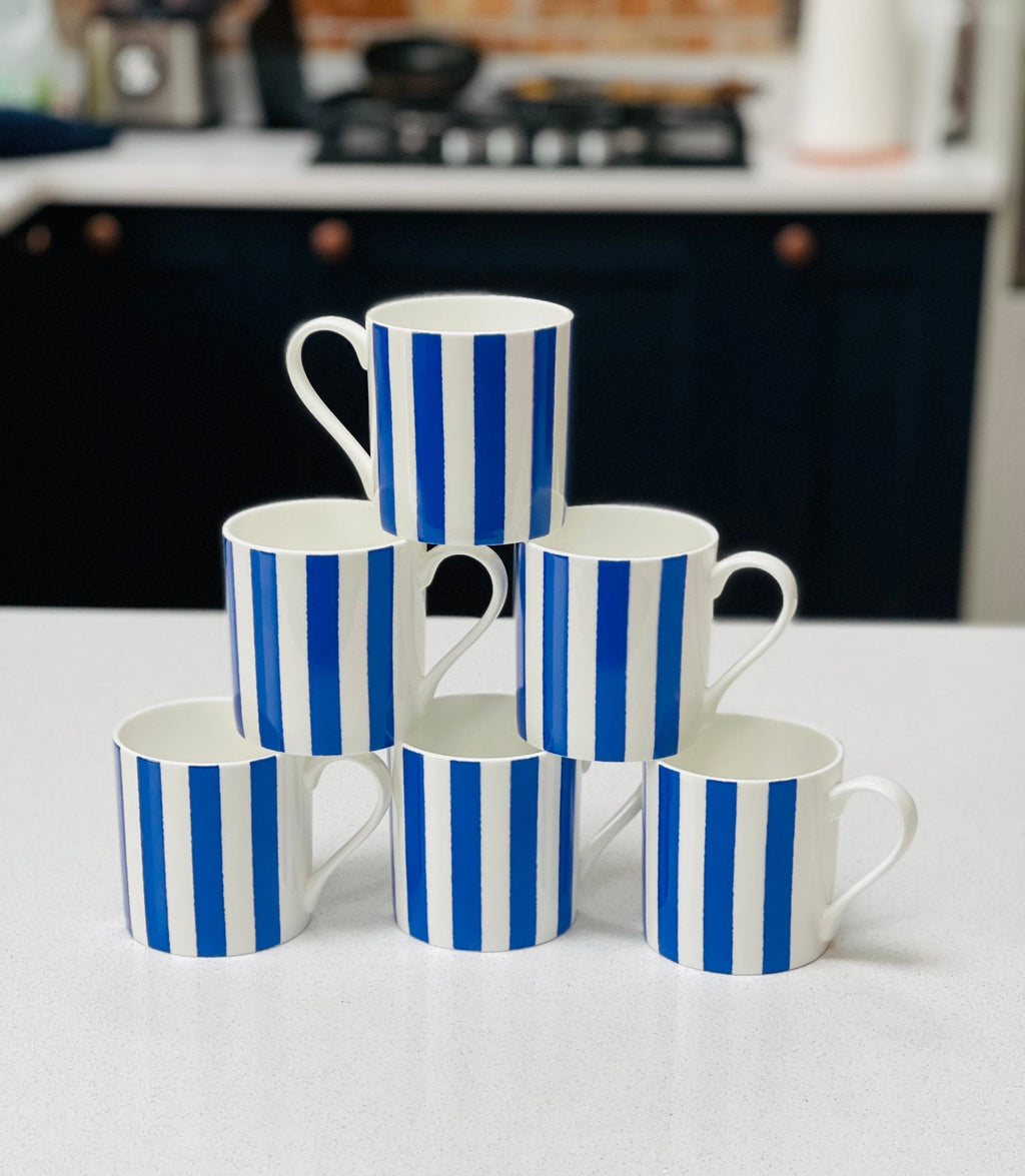 Set of 6 Fine Bone China Vertical Stripe Blue Mugs