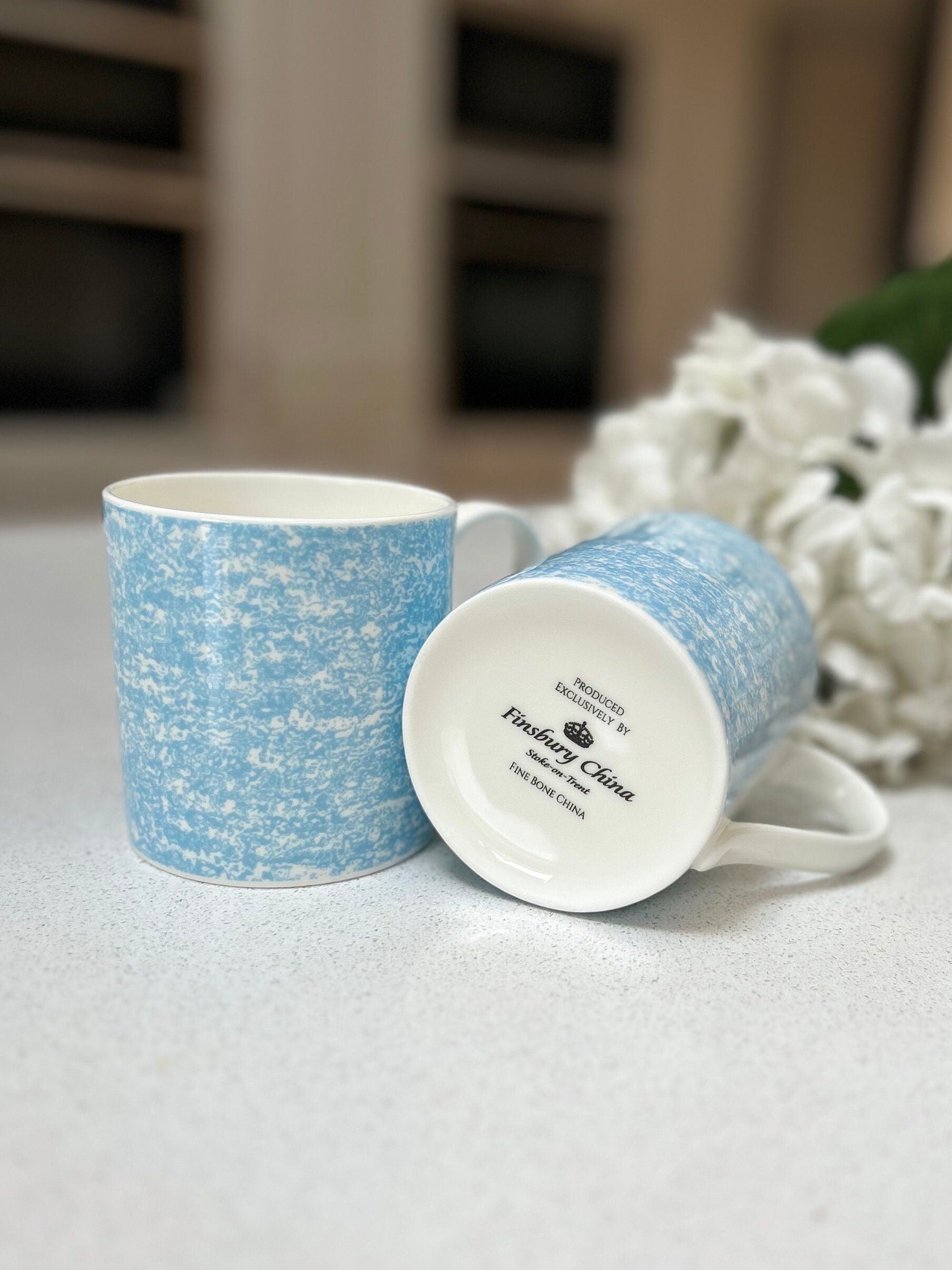 12oz Fine Bone China 6 Mug Set with a Light Blue Wraparound Design