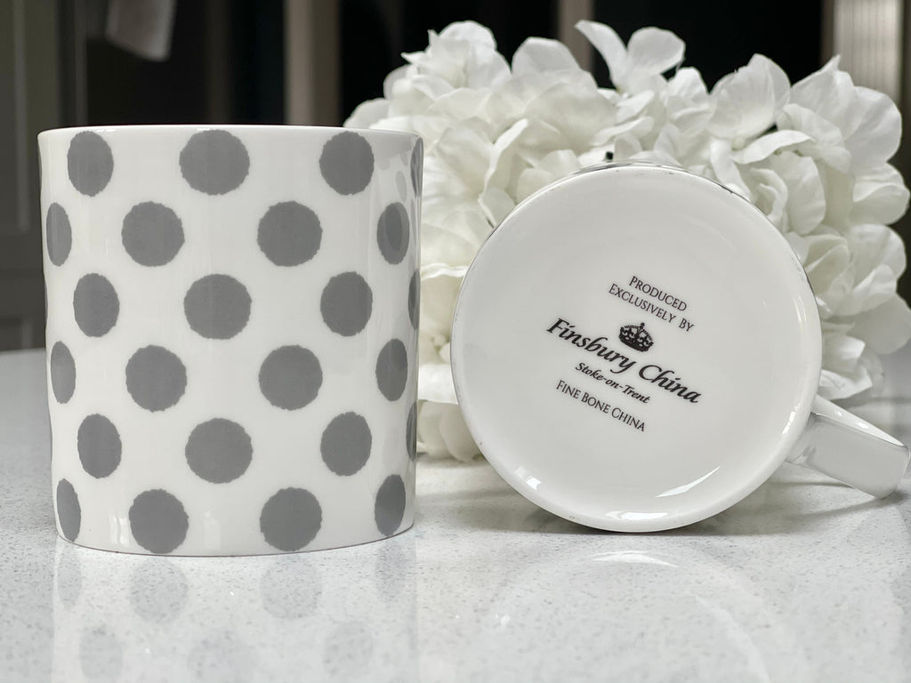 Set of 6 Fine Bone China 12oz Grey Spot Mugs