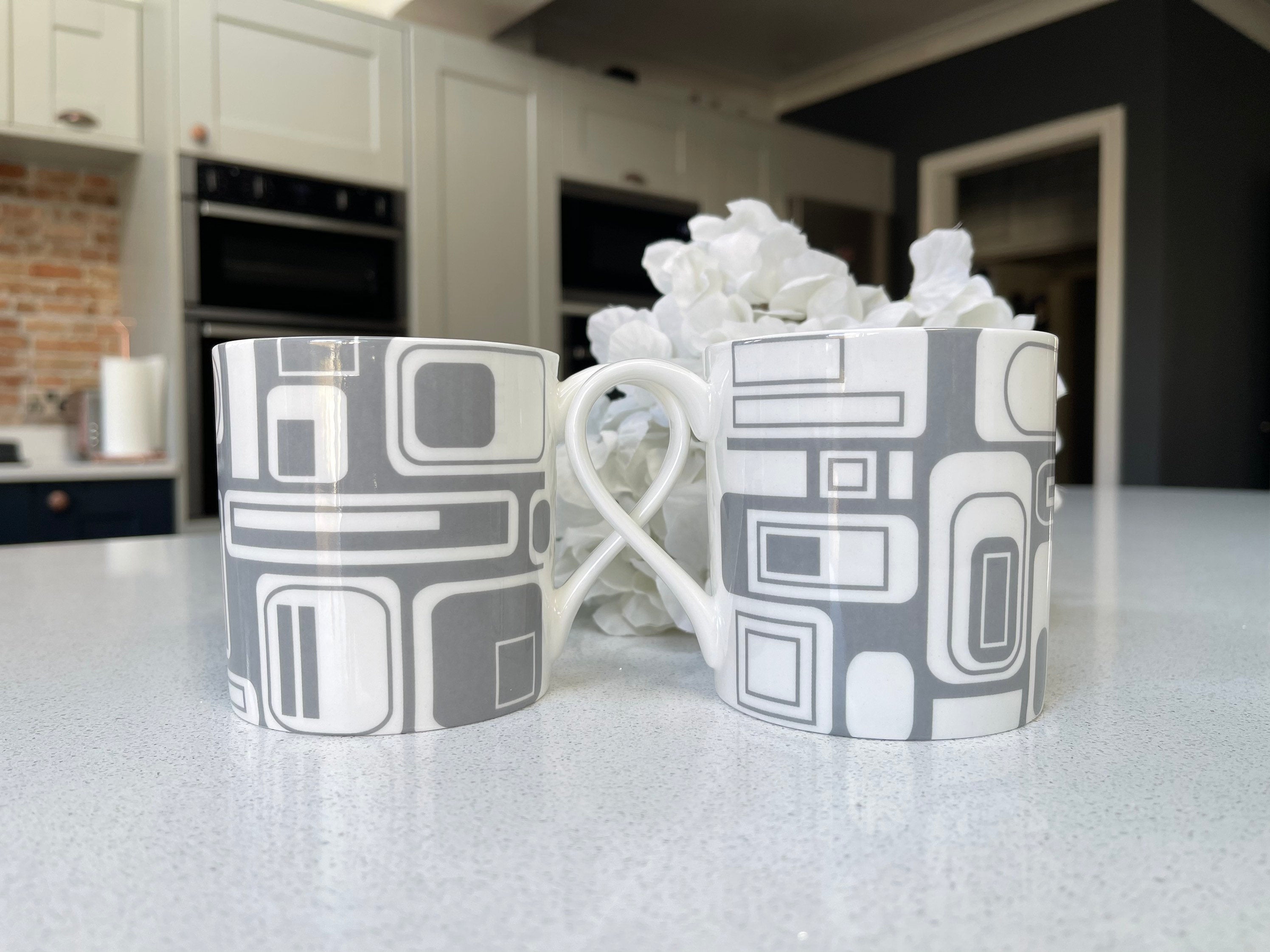 "Grey 60's Inspired Retro Design" 12oz Fine Bone China Mug