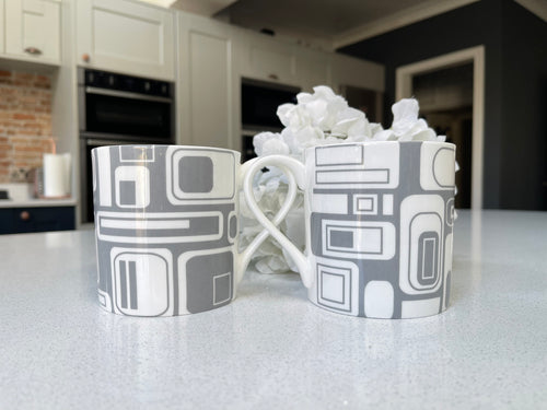 "Grey 60's Inspired Retro Design" 12oz Fine Bone China Mug