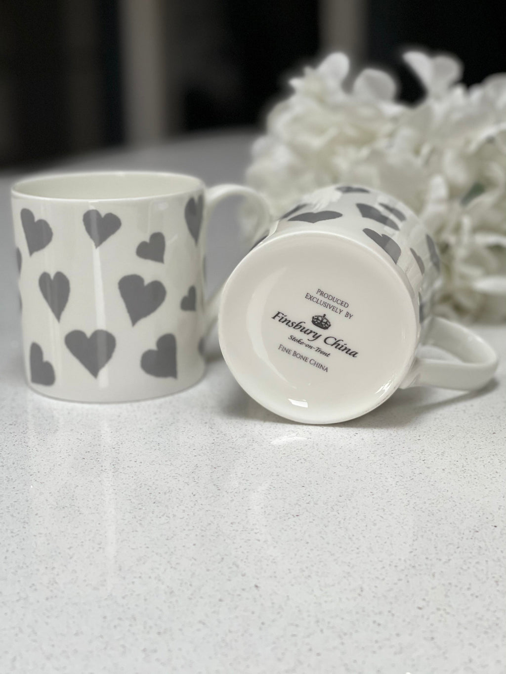 Set of 6 Grey Love Heart Fine Bone China Mugs