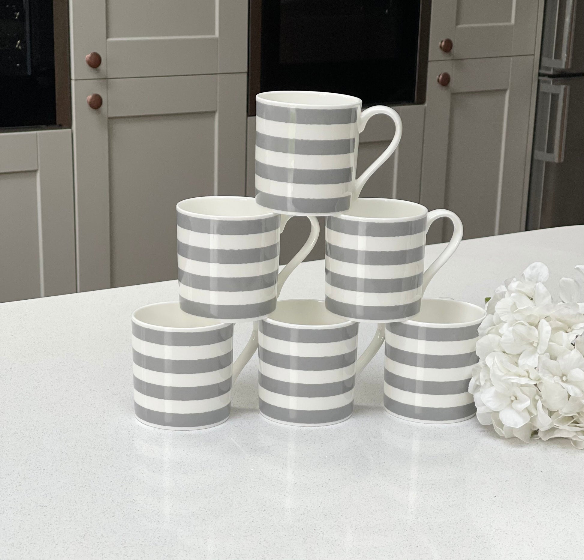 Grey Stripe set of 6 - 12oz Fine Bone China Mugs