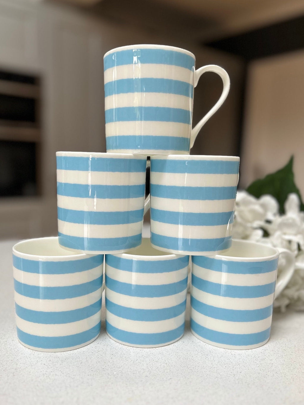 Horizontal Blue Stripe 6 Mug Set - 12oz Fine Bone China Cup