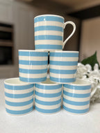 Horizontal Blue Stripe 6 Mug Set - 12oz Fine Bone China Cup