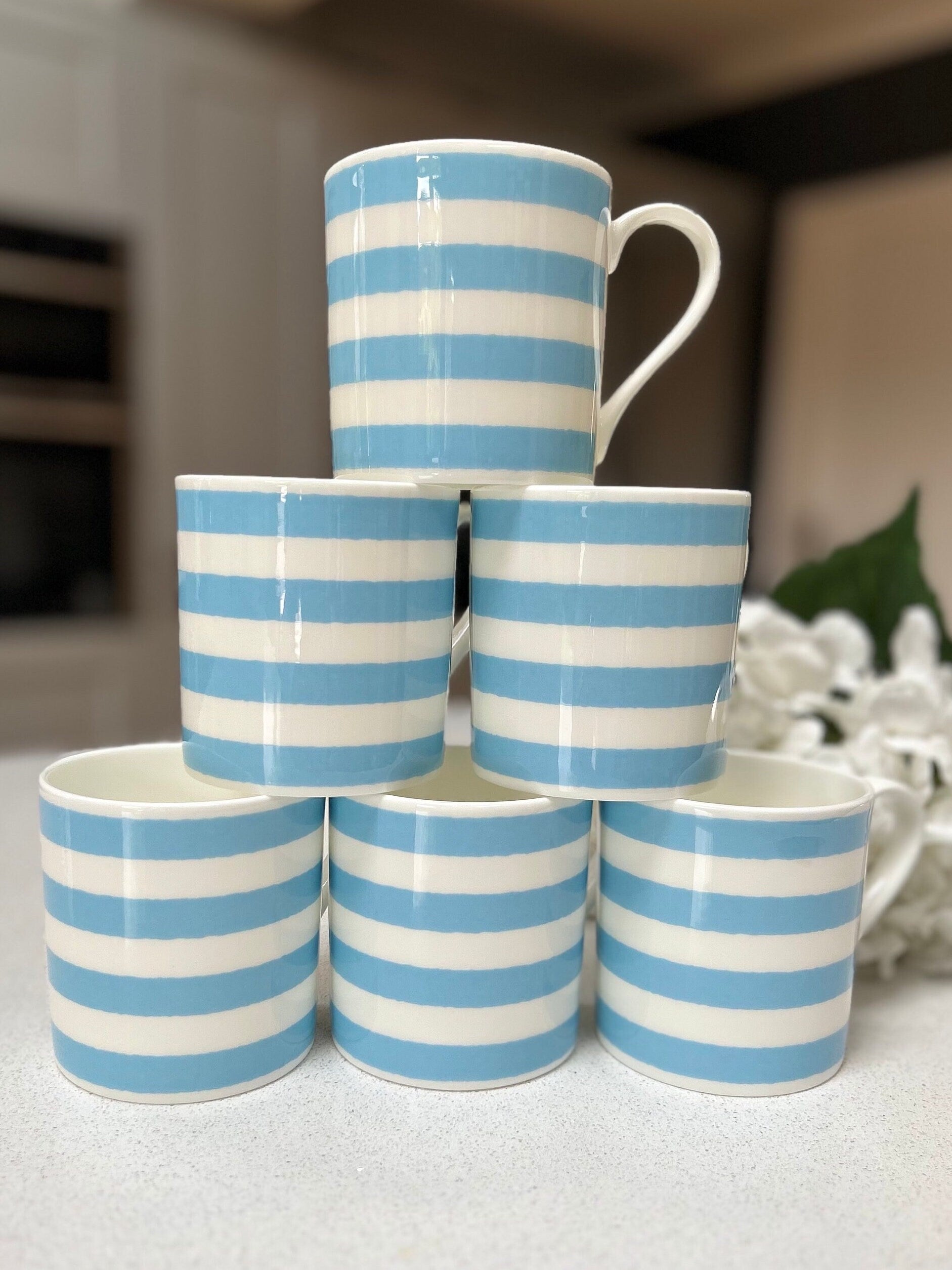 Horizontal Blue Stripe 6 Mug Set - 12oz Fine Bone China Cup