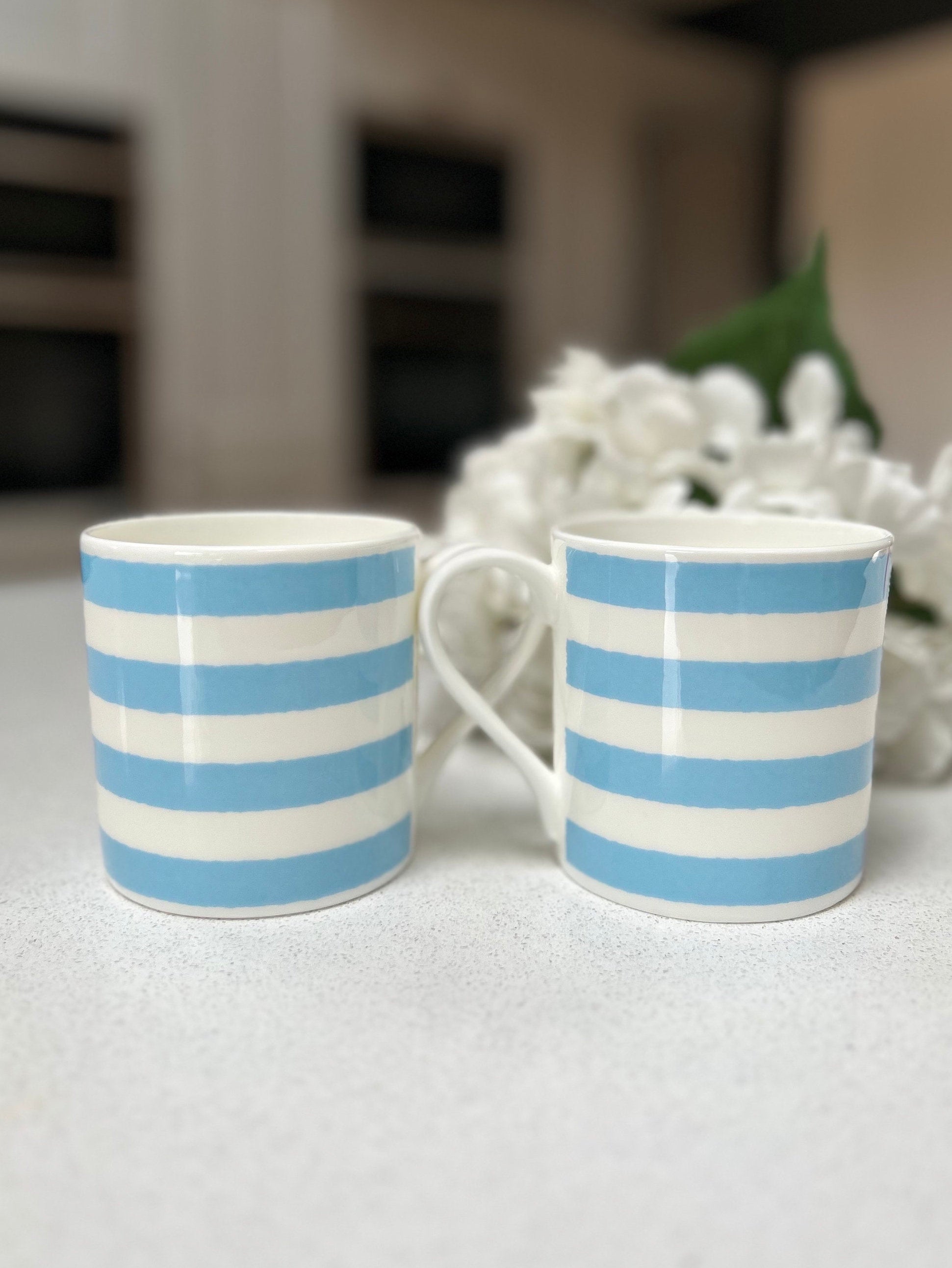 Horizontal Blue Stripe 6 Mug Set - 12oz Fine Bone China Cup
