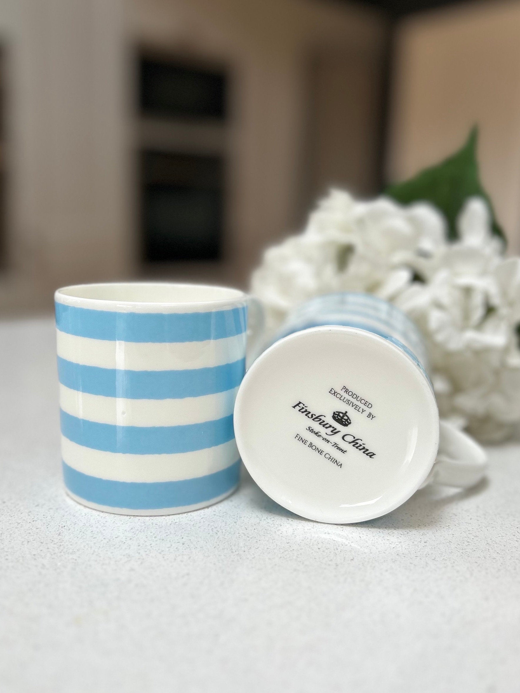Horizontal Blue Stripe 6 Mug Set - 12oz Fine Bone China Cup