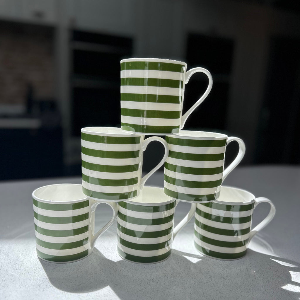 Horizontal Green Stripe 6 Mug Set - 12oz Fine Bone China Cup