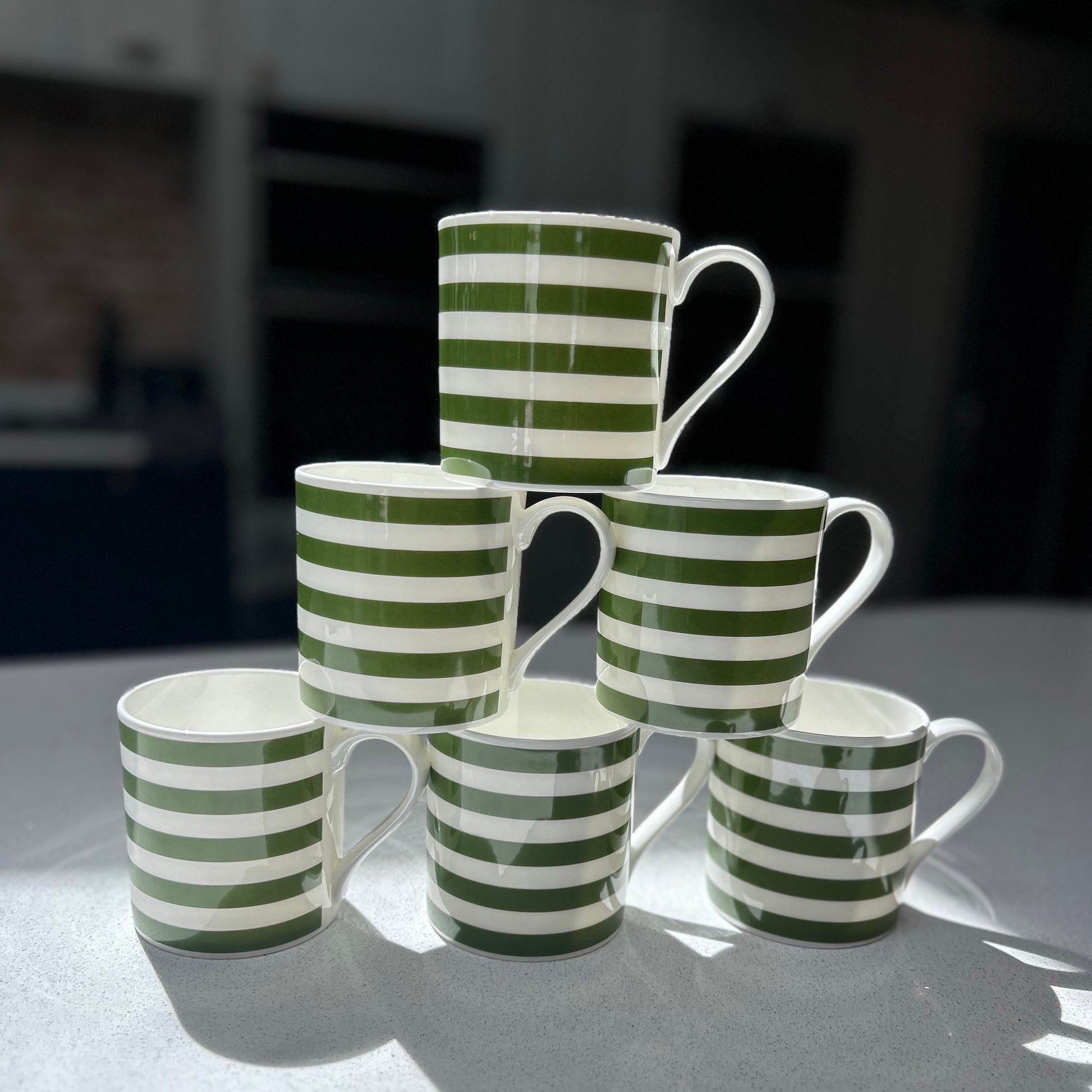 Horizontal Green Stripe 6 Mug Set - 12oz Fine Bone China Cup