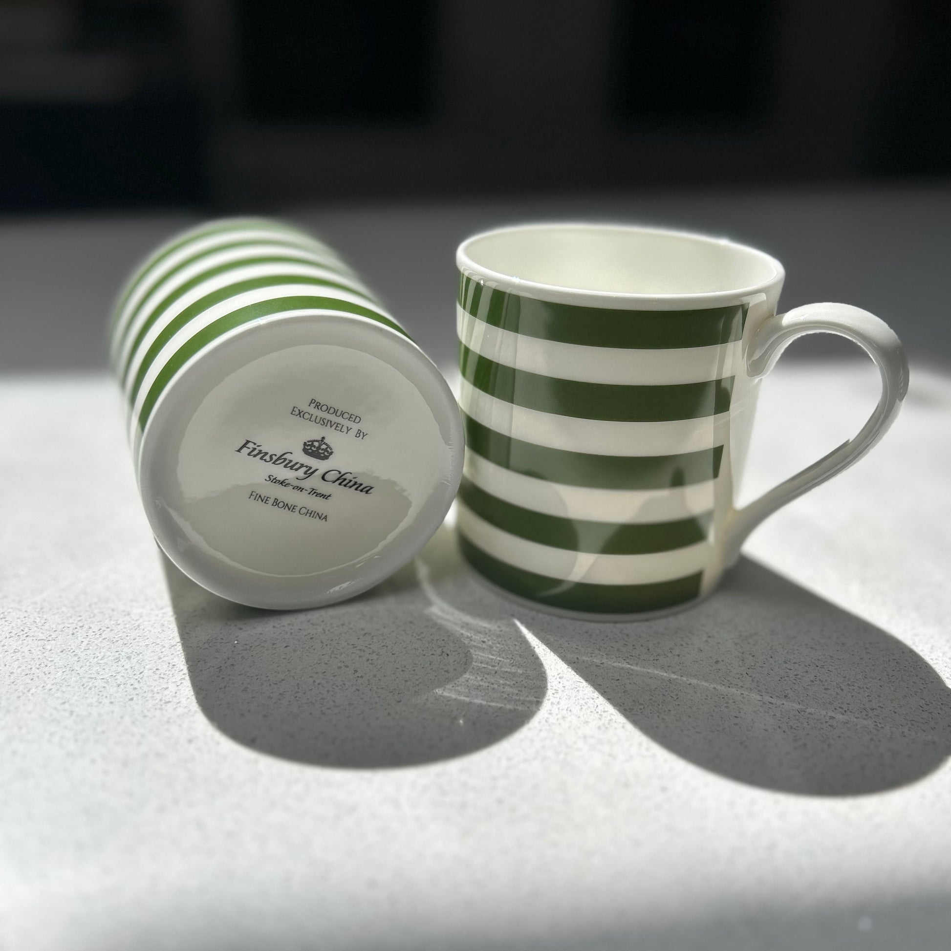 Horizontal Green Stripe 6 Mug Set - 12oz Fine Bone China Cup