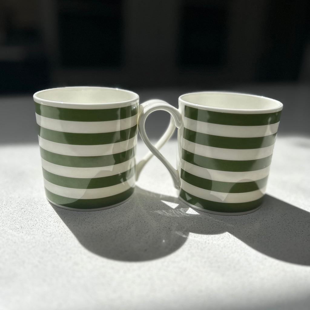 Horizontal Green Stripe 6 Mug Set - 12oz Fine Bone China Cup