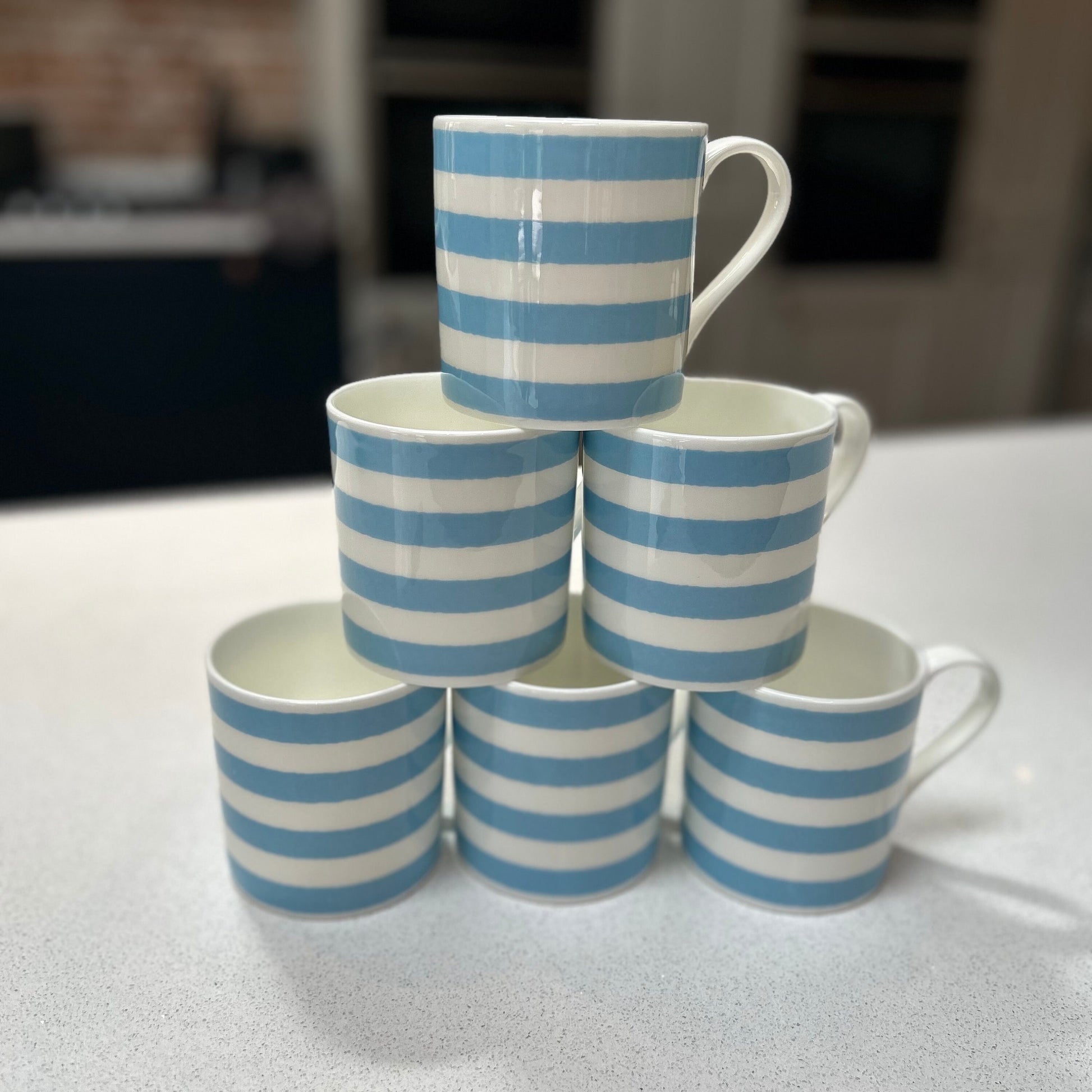 Horizontal Blue Stripe 6 Mug Set - 12oz Fine Bone China Cup